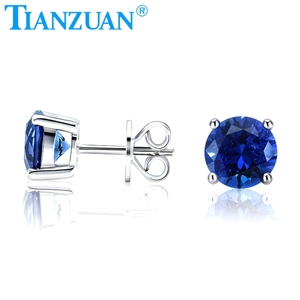 Pendiente de zafiro azul real/azul aciano creado en laboratorio 5-9mm con inclusiones forma redonda S925 pendientes de plata joyería - Product Image 4