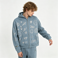 Sweat-shirt à capuche zippé épais, effet délavé vintage, imprimé intégral, style streetwear, motif bleu effet pulvérisé
