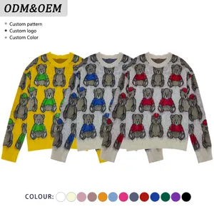 2024 Men Fashionable Crew Neck Long Sleeve Cartoon Bear Animal Jacquard Mohair Sweater Jumper