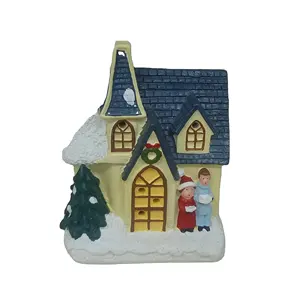 6" Resin Christmas Scene Village Houses Town with Warm White LED Light Battery Operate Christmas Ornament