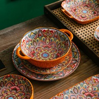 Gran oferta, platos de cerámica ecológicos seguros para microondas sin BPA de estilo bohemio, juegos de vajilla Retro, porcelana esmaltada