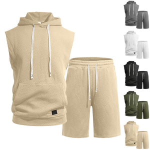 Ensemble gilet sans manches à capuche et short pour homme, couleur unie, tricot jacquard, tenue de sport décontractée pour les loisirs, kaki, noir, vert, gris, blanc - Product Image 1
