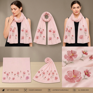 Chal de Algodón Floral Rosa para Mujer, Bordado, Ligero, Transpirable, Suave, para Uso Casual en Primavera - Product Image 3