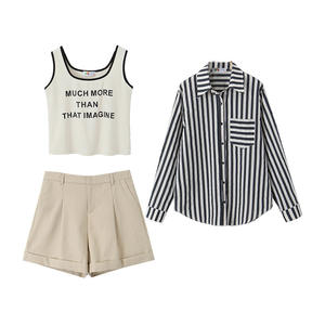 Happy Plus – chemise rayée de protection solaire pour femmes, grande taille, en coton, manches longues, Upf 50, ensemble trois pièces, N8891 - Product Image 2