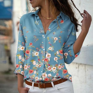 2024 Phụ Nữ Ngọt Ngào In Hoa Voan Top Cross-Biên Giới Giản Dị Dài Tay Áo Lỏng Nút Áo Sơ Mi Hot Bán Độc Lập Trạm - Product Image 5