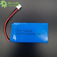 Paket Baterai LiPo Isi Ulang 843570 2S 7.4V 850mAh 900mAh Pabrik ODM 6.29Wh 6.66Wh Sel Polimer dengan PCM Pelindung