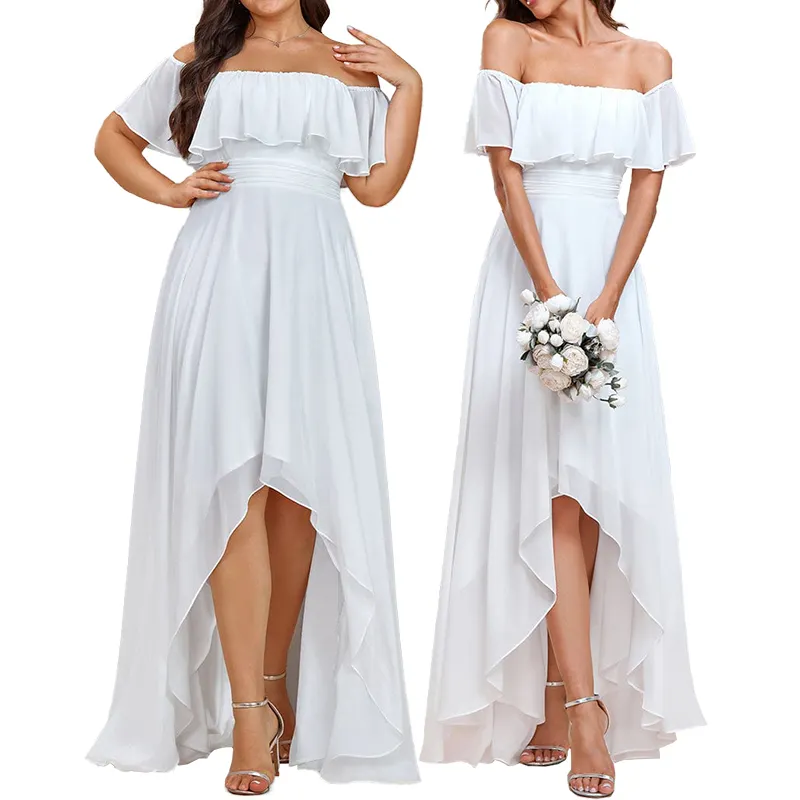 Personalizado más tamaño de las mujeres alto bajo dobladillo blanco largo vestidos de noche elegante gasa boda dama de honor Flowy Maxi vestido de fiesta