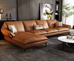 Sofá de Cuero para Sala de Estar, Estilo Minimalista, Asiento Cómodo y Amplio, Color Naranja Crepúsculo, Configuración 1+3+Chaise Longue - Product Image 3