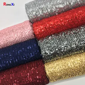 RXF0748 Merek Baru Sedang Berat Garis Poliester Tebal Dasar Kain Glitter Bordir Elastis Tulle Mesh Kain Payet untuk Gaun