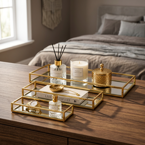 Plateau décoratif rectangulaire en verre marbré plaqué or, moderne, emballage individuel, organisateur de chambre, Diwali, multifonctionnel - Product Image 1
