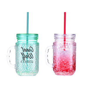 Wholesale Reusable Drinking Plastic With Handle Straw And Lid Mason Jar freezer drink cups