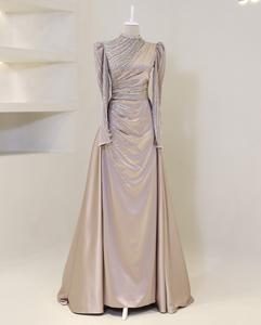 Mily gaun pengantin ML299, gaun pesta dansa Formal lantai panjang lengan leher tinggi cantik payet manik-manik elegan - Product Image 3