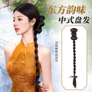 Peluca de cola de caballo trenzada estilo chino con trenza lateral baja en forma de mariposa, clip de pelo realista para mujer - Product Image 1