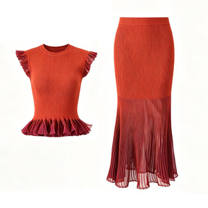 In Stock Summer Lady Delicacy <strong>Tulle</strong> Trim Patchwork Suit O-neck Sleeveless Pullover <strong>Tops</strong> Mermaid Long Skirt Women Slim Knit 2Pcs - Product Image 2