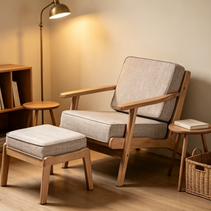 <span class=keywords><strong>Fauteuil</strong></span> moderne nordique en bois massif avec pouf et coussin en <span class=keywords><strong>tissu</strong></span>, idéal <span class=keywords><strong>pour</strong></span> salon, chambre, balcon ou villa - Product Image 1