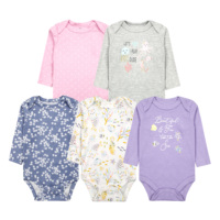 Lot de 5 grenouillères en coton pour bébé, manches longues, fermeture boutonnée, 9-12 mois, motif brodé mignon, été