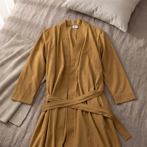 Women's Mustard Kimono Robe Full Length Three Quarter Sleeve Soft Woven Cotton Casual Bathrobe Solid Color Autumn Wear - Product Image 2