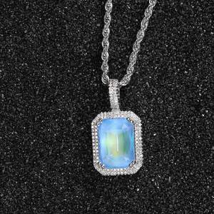 Collier Bling Bling inspiré du hip-hop, plaqué argent, avec zircon cubique rose vif taille émeraude et halo pavé, très attrayant - Product Image 4