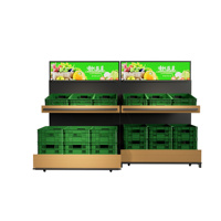 Commerciële 2-laags groentepresentatie rek, geoptimaliseerde mandenopslag. Praktisch productenrek, veel gebruikt in supermarkten.