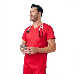 Haut de blouse médicale rouge pour homme, col en V, coton et polyester tissé, uniforme d'hôpital avec poches - Product Image 1