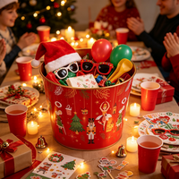 Kotak Penyimpanan Logam Bermotif Nutcracker Natal Merah, Kemasan Hadiah, Ember Es Dekoratif, Pot Bunga untuk Taman