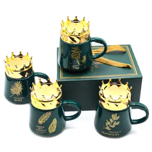 Crown Mug Keramik Hijau Zamrud Nordic, Cangkir Kopi Gadis dengan Tutup Mahkota dan Sendok Emas