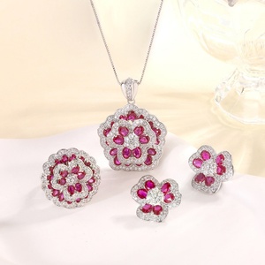 Wholesale Eco-friendly Copper Micro Pave Red Zircon Rose Flower Petal Vintage Fashion Jewelry <b>Set</b> for Women - Product Image 1