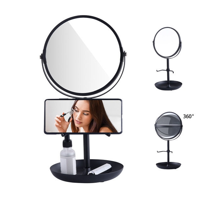 Stylish Double-Sided Makeup Mirror Standing Oval Design with Phone Stand Durable Iron Art Frame Custom Options