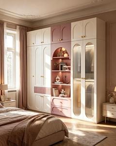 Armoire de chambre d'enfant rose pastel moderne, avec vitrine en verre côtelé, système de dressing encastré de luxe sur mesure - Product Image 3