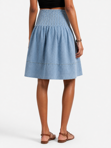 <span class=keywords><strong>Jupe</strong></span>-<span class=keywords><strong>culotte</strong></span> en <span class=keywords><strong>jean</strong></span> taille haute smockée délavée pour femme, plissée, coupe large, mi-longue évasée, tendance été vintage - Product Image 6
