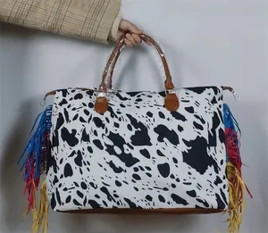 Bolsa de viagem vintage estilo ocidental para viagem, bolsa de mochila de fim de semana com estampa de leopardo e vaca, bolsa de lona com alça de PU de grande capacidade, ideal para viagens, 2024