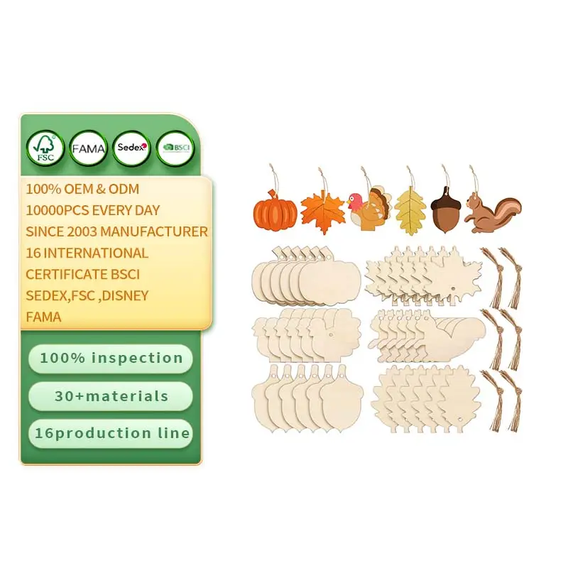 60 조각 추수 감사절 미완성 나무 장식품 메이플 잎 호박 나무 컷 아웃 다람쥐 도토리 빈 나무 장식