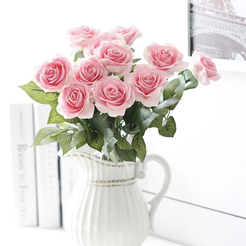 Dekorasi Pernikahan Grosir Bunga Mawar Sutra Buatan Merah Muda Batang Tunggal Bunga Mawar Sentuhan Asli