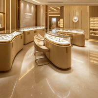 Solution de mobilier sur mesure pour bijouterie : Vitrine îlot incurvée, présentoir mural, finition or champagne, éclairage LED