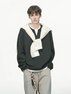 Sweat-shirt à col en <span class=keywords><strong>V</strong></span> deux pièces pour homme - Style coréen, coupe ample, décontracté, effet superposé - Product Image 3