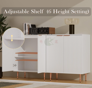 Buffet de rangement blanc rainuré avec étagères réglables, meuble de rangement en bois, pieds en métal doré, montage facile - Product Image 4