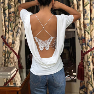Top de estilo sexy con espalda descubierta y lazo, ajuste holgado, diseño único drapeado, para chica moderna, uso diario casual, top de verano para la calle. - Product Image 4