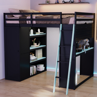 Lit mezzanine moderne en bois pleine taille avec armoire, étagères, rideaux occultants, lumières RGB et design de lit douillet