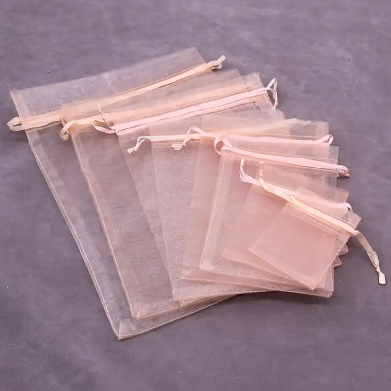 20*30 Pink Silver Custom Drawstring Organza Gift Pouch Organza Packaging Bag With Printed Ribbon