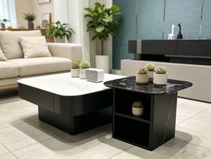 Black <b>White</b> Marble Square Nesting Coffee <b>Table</b> Set, <b>Rounded</b> Corner Storage Drawer & Open Shelf Combination Side <b>Table</b> For Living - Product Image 2