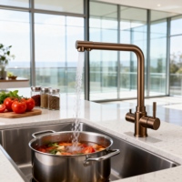 Robinet de cuisine moderne en acier inoxydable avec cartouche céramique, monotrou, bec rotatif, mitigeur chaud/froid, interrupteur latéral pour filtre à eau