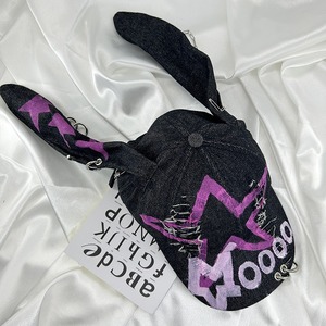 Niche Design Y2K Style américain casquette de Baseball Graffiti Punk Denim trou dans le trou oreilles de lapin chaîne Hottie personnage été décontracté - Product Image 5
