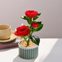 Plante artificielle en pot de camélia, faux bonsaï de camélia avec bordure en dentelle, pot vert à rayures verticales pour la maison