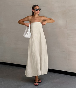 Holiday Summer Beach Cotton Linen Casual Strapless Loose Off Shoulder Long <strong>Dress</strong> Women <strong>With</strong> <strong>Pockets</strong> - Product Image 4