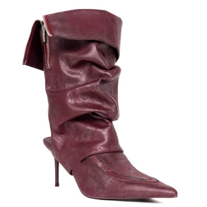 Women Pointed Toe Pleated Mid Calf Booties Back Cut Half Knee High Boots Wide Fit Top Turn Over Big Size 46 High Heels <b>Shoes</b> - Product Image 5