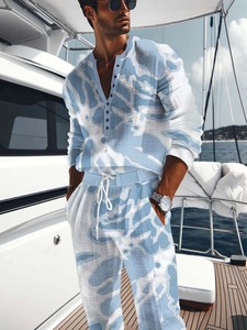 Conjunto de 2 Piezas para Hombre, Estampado de Hojas de Palma Tropical, <span class=keywords><strong>Camisa</strong></span> Henley de Manga Larga <span class=keywords><strong>y</strong></span> Pantalones <span class=keywords><strong>Beige</strong></span> con Cordón, Conjunto Casual para la Playa - Product Image 6