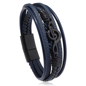 Men's Multi Layer Leather Braided <b>Magnetic</b> <b>Clasp</b> Bracelet With Musical Note Design Black Color Gift Jewelry - Product Image 4