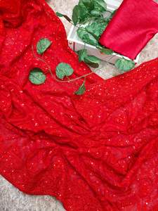 Sari traditionnel en faux georgette avec un travail lourd de chikankari et une bordure en dentelle pour les occasions de mariage et de fête de Diwali - Product Image 5