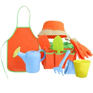 Crianças conjunto de jardinagem com jardim mão ferramentas, chapéu reversível, luvas, plástico, lata de rega, ferramentas, plantador, brinquedo educativo