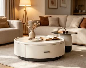 Modern <b>Round</b> Coffee <b>Table</b> Set Resin Top Minimalist Design <b>White</b> Black Storage Living Room Furniture - Product Image 2